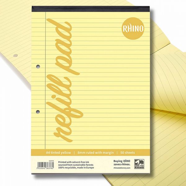 RHINO A4 Special Refill Pad 50 Leaf, Yellow Tinted Paper, F8M
